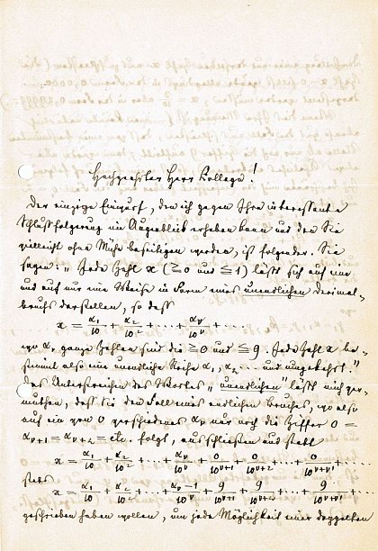 Anfang eines Briefes von Richard Dedekind an Georg Cantor vom 22. Juni 1877
Im Besitz der Nachfahren Georg Cantors, wiss. Bearbeitung durch die Universität Halle mit freundlicher Genehmigung der Besitzer.